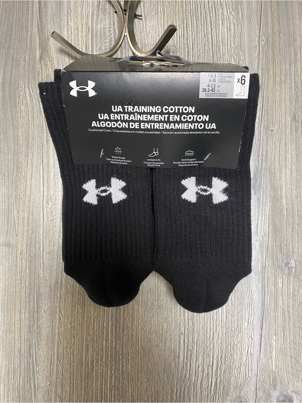 Under Armour Black Crew Training Socks with White Logo (6-Pack)